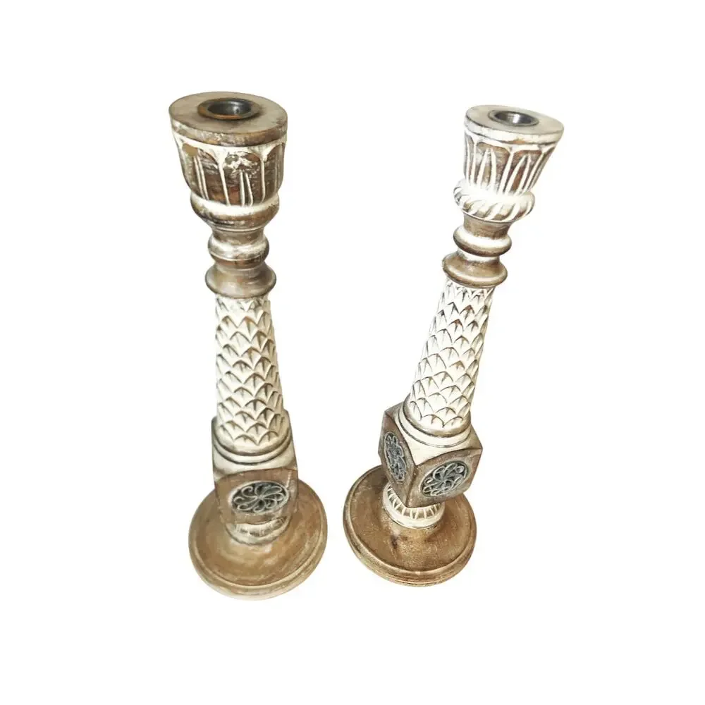 Pier 1 Hand-Carved Wood Candle Holders: Whitewashed Boho Decor